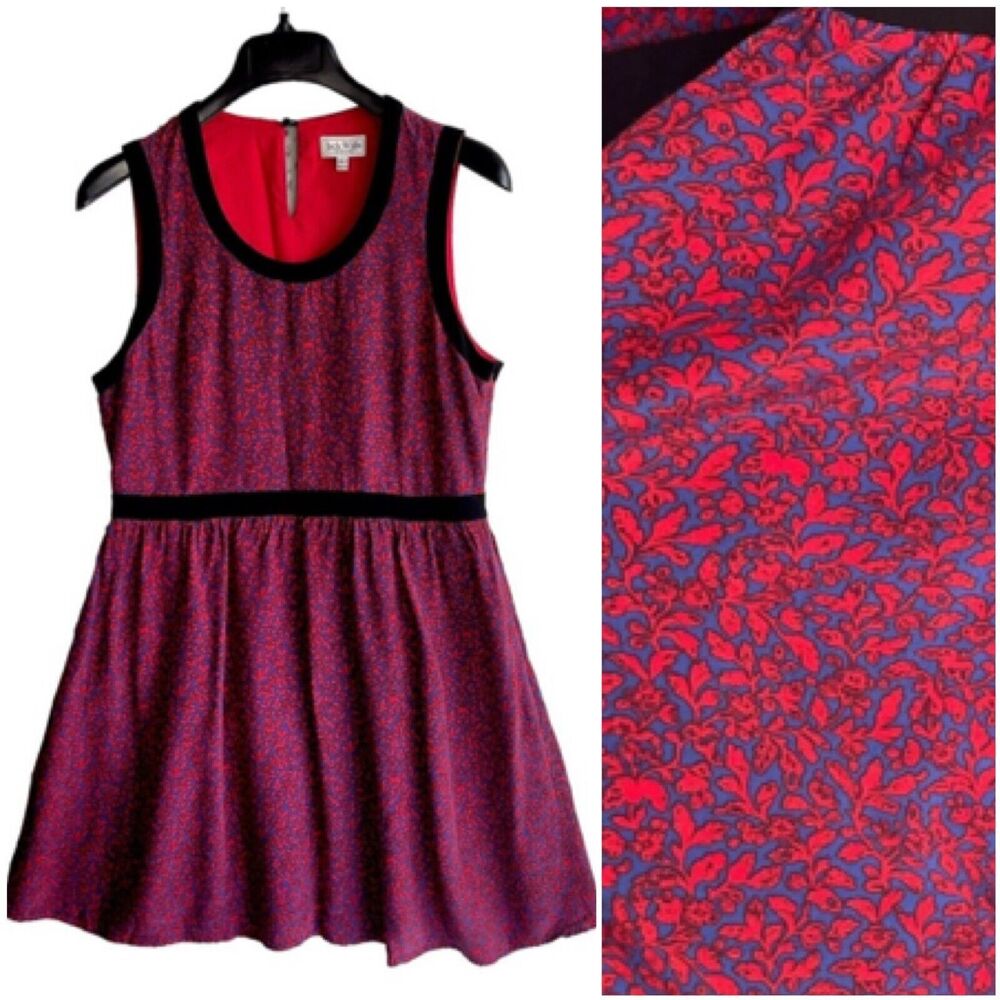 Jack Wills Casual Dress Red Blue Floral Size 8 Sleeveless Black Trim Fit Flare
